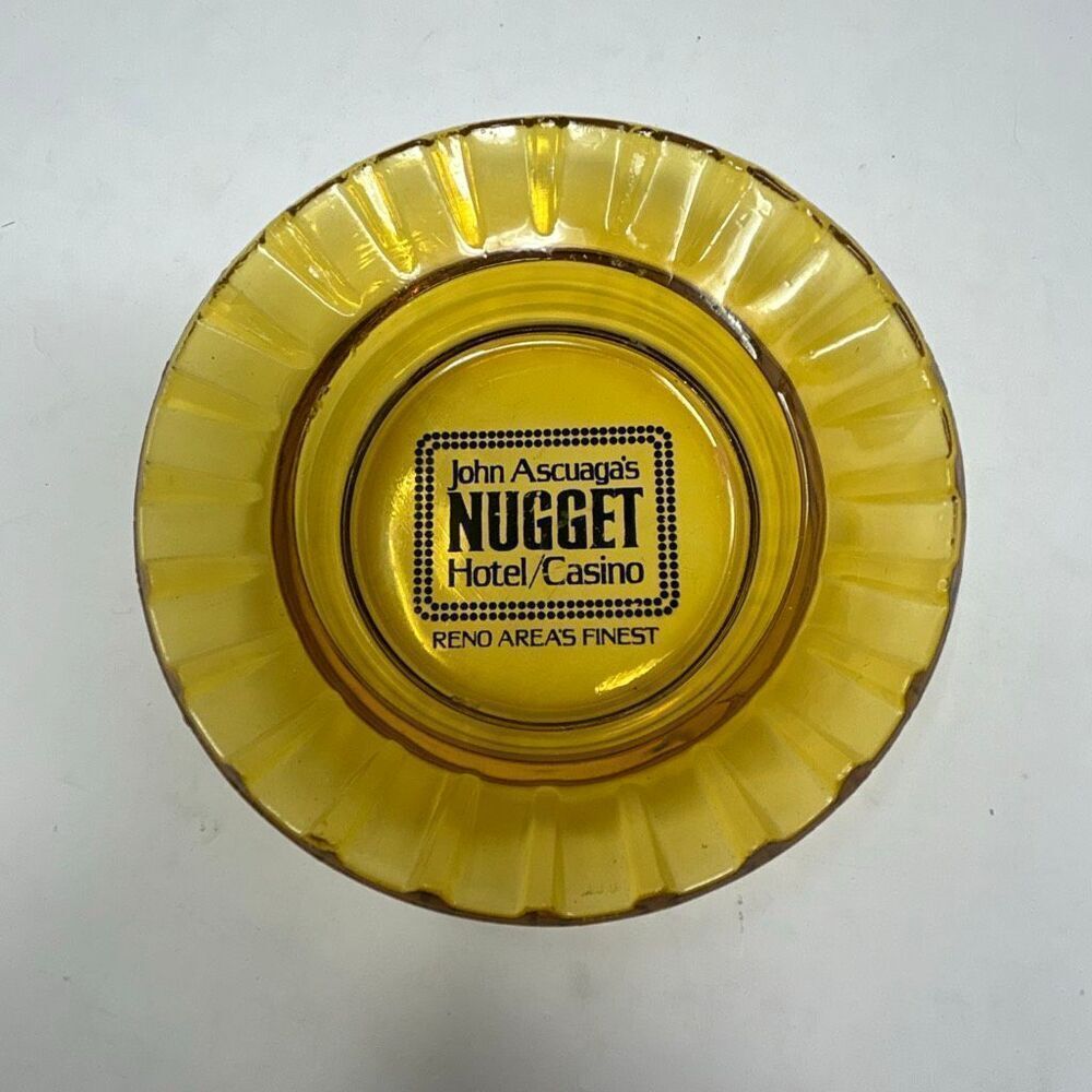 Vtg John Ascuaga's Nugget Hotel Casino Reno Ashtray Round Amber Glass Advertisin